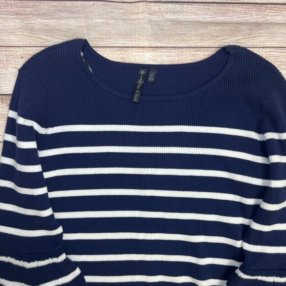 Allie & Rob Navy White Striped Sweater XL Ruffle Hem Long Sleeve Ribbed Knit Top - Picture 9 of 11